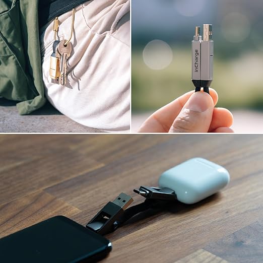 Rolling Square inCharge 6 - Keychain USB C Charger Cable, Lightning Cable and Micro-USB for Smartphone, Universal Cable Charger 6 in 1, USB Plug, 15W, White