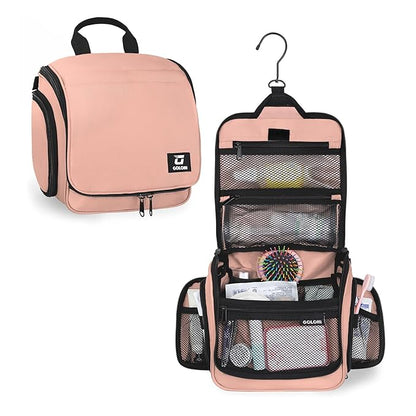 Goloni Hanging Toiletry Bag with Hook, Large Makeup Bag Travel Organizer, Water-Resistant Hanging Cosmetic Bag with 10 Compartments for Women & Men,Pink