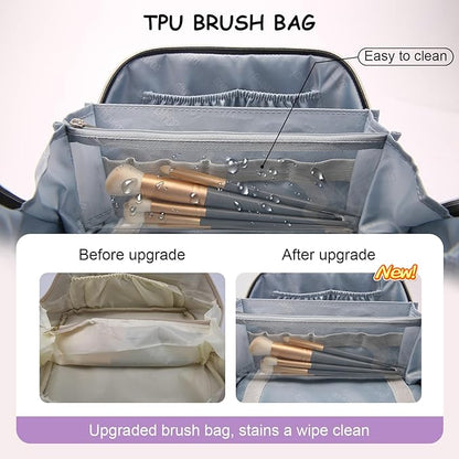 BOYATU Travel Makeup Bags for Women: 3 Pcs Set Wide Open Cosmetic Bag - Portable Make up Bags with Handle - Vegan Leather Toiletry Organizer Bag with Divider (G-01-Purple)