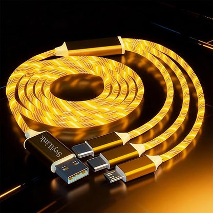 USB Cable PD Fast Charger Lighted Up (USB 3IN1 Yellow),Phone Data Cable, Flowing Light Charging Cable, 39-inch, TPE Material, Compatible with Almost All Phones, Tablets, and Headphones.