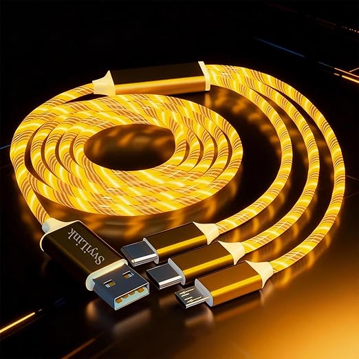 USB Cable PD Fast Charger Lighted Up (USB 3IN1 Yellow),Phone Data Cable, Flowing Light Charging Cable, 39-inch, TPE Material, Compatible with Almost All Phones, Tablets, and Headphones.