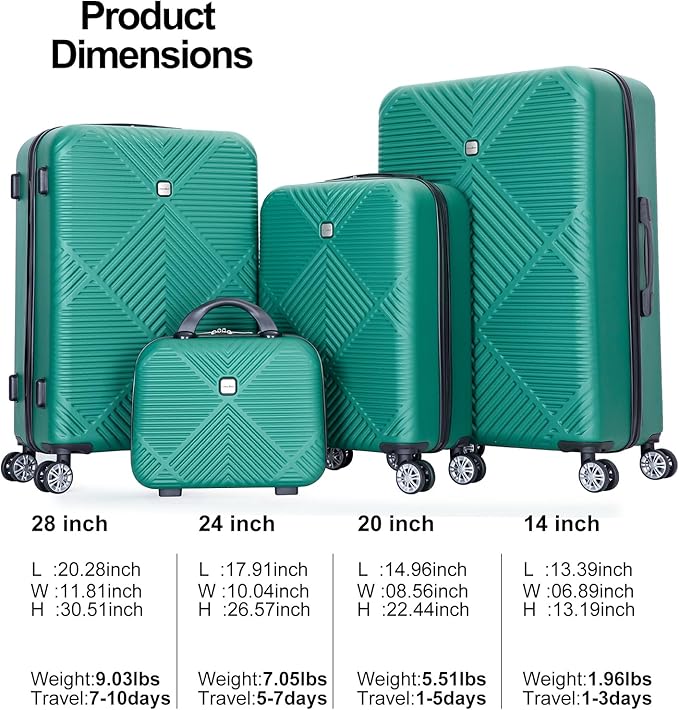 Luggage 4 Piece Set, Hardshell ABS Suitcase Set with Double Spinner Wheels, Lightweight Suitcase, Carry On and Checked Travel Luggage, Dark Green