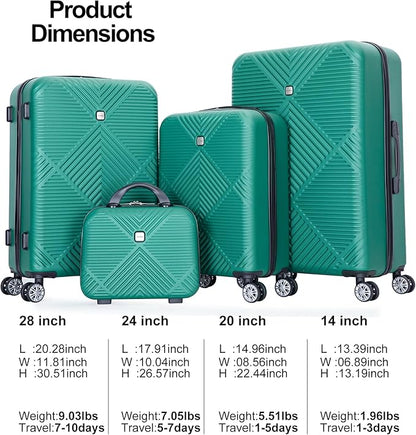 Luggage 4 Piece Set, Hardshell ABS Suitcase Set with Double Spinner Wheels, Lightweight Suitcase, Carry On and Checked Travel Luggage, Dark Green