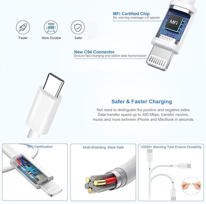 Extra Long 10FT iPhone Fast Charger,i Phone Charger Fast Charging【MFi Certified】2Pack 20W PD Fast USB C Charger Block + 10Foot i Phone Charging Cable Cord for iPhone 15/14/13/12/11/XS/XR/SE2022/8/iPad