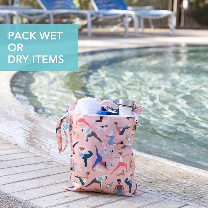 Bumkins - Waterproof Wet and Wetdry Bags - For Beach, Baby, Travel, Swim Suit, Cloth Diapers, Pump Parts, Pool, Gym, Toiletries - Reusable & Easy to Clean - Yoga Pals - 2 Pack