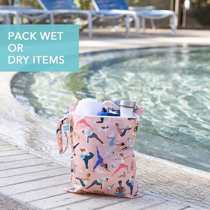 Bumkins - Waterproof Wet and Wetdry Bags - For Beach, Baby, Travel, Swim Suit, Cloth Diapers, Pump Parts, Pool, Gym, Toiletries - Reusable & Easy to Clean - Yoga Pals - 2 Pack