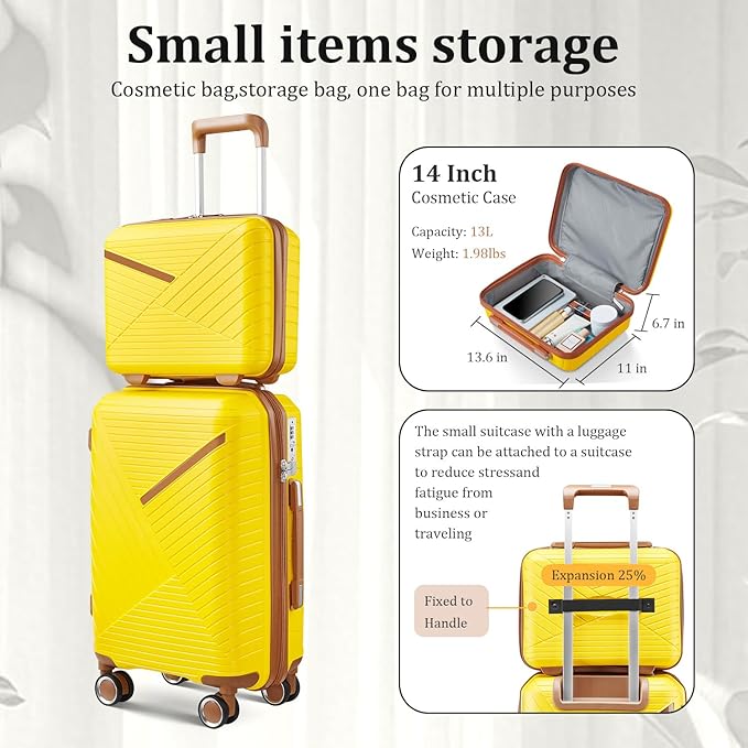 4-Piece Expandable Hardshell Luggage Set with TSA Lock (14/20/24/28) - Lightweight PP Suitcases, 360° Silent Spinner Wheels and Durable 100LB Handle for Air Travel (D# Yellow)