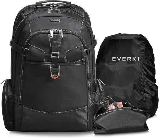 EVERKI Business 120 Laptop Backpack with Rain Cover, 40L Capacity, Large Compartment for Laptops Up to 18.4", 180° Fold-Out Design, Padded Pocket, Durable Design with Multiple Pockets – EKP120 - Black