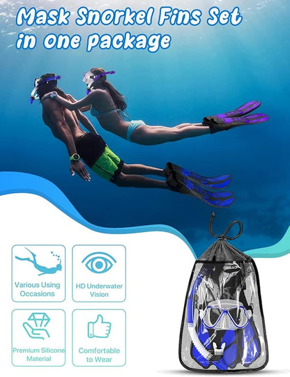 Zenoplige Mask Fins Snorkel Set, Snorkeling Gear for Adults, Panoramic View Snorkel Mask Anti-Fog, Adjustable Dive Flippers, Dry Top Snorkel and Travel Bag, Scuba Gear for Swimming Snorkeling Diving