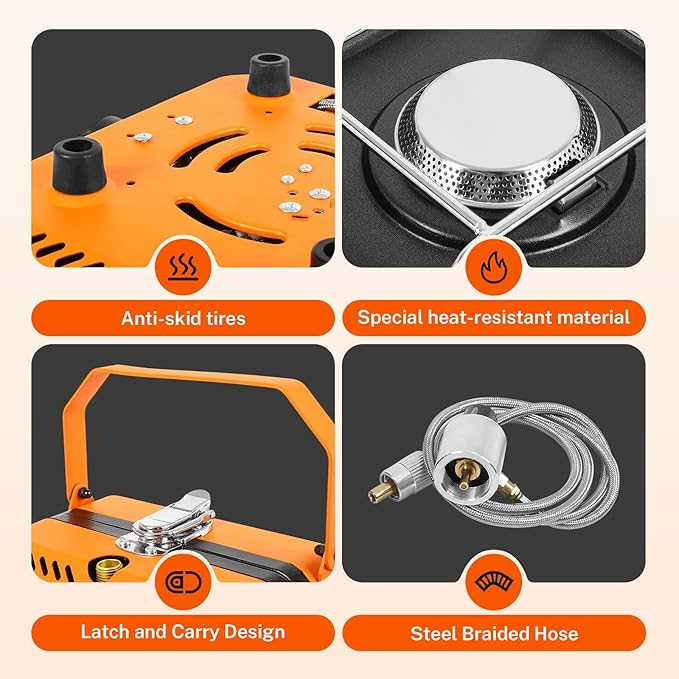 Dollate 2-Burner Propane Stove with Griddle and Carrying Bag, Portable Foldable Camping Stove with 2 Adjustable Burners 16000 BTUs,for Camping Tailgating Essentials Gear (Orange)