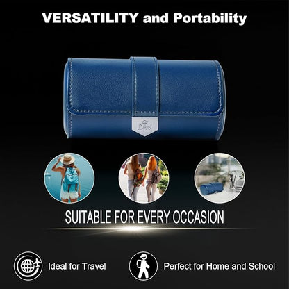 DUKWIN Watch Roll for 2 Watches,Vegan Leather Travel Watch Case Organizer with Removable Pillows for Men and Women,Display Case for Watches Collection and Gift for Anniversary Birthday(Blue Storage)