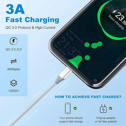 USB-C Cable 3A Fast Charging, 3-Pack (10ft+6ft+3ft) USB A to Type C Charge Nylon Braided Cord for Type-C Devices - White
