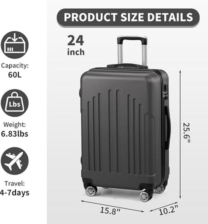 Karl home 24in Checked Luggage with TSA Lock, ABS Hardshell Check-in Suitcase with Spinner Wheels, Durable Medium Suitcase Rolling Luggage for Business Travel, Dark Grey