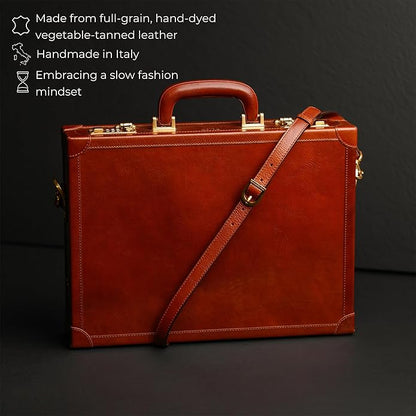Time Resistance Leather Attache Case - Full Grain Italian Leather Briefcase - Laptop Bag up to 15” - Hard Case with Lock
