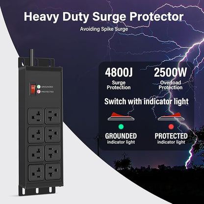 CCCEI Black Heavy Duty Power Strip Surge Protector 20 AMP, 8 Outlets 12 Gauge Industrial Shop Garage Metal Multiple Outlets, 25 FT Extension Cord 5-15P Adapter High Amp 6-20R T-Slot 20a for Appliance