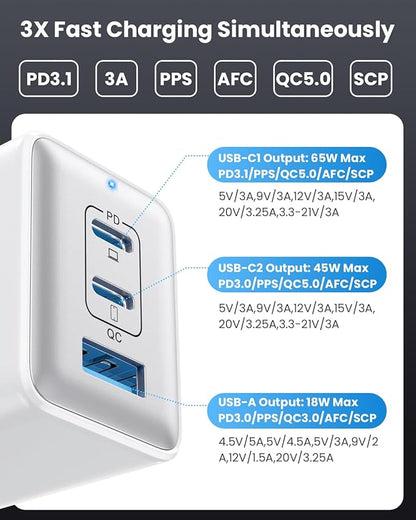 128W USB C Wall Charger,GaN III 3-Port Fast Charging Station,PD QC Foldable Charger Block Portable 65W Laptop Adapter for MacBook Pro/Air,iPad Pro,Galaxy S23,Dell XPS 13,iPhone 17/16/Pro etc