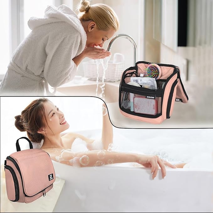 Goloni Hanging Toiletry Bag with Hook, Large Makeup Bag Travel Organizer, Water-Resistant Hanging Cosmetic Bag with 10 Compartments for Women & Men,Pink