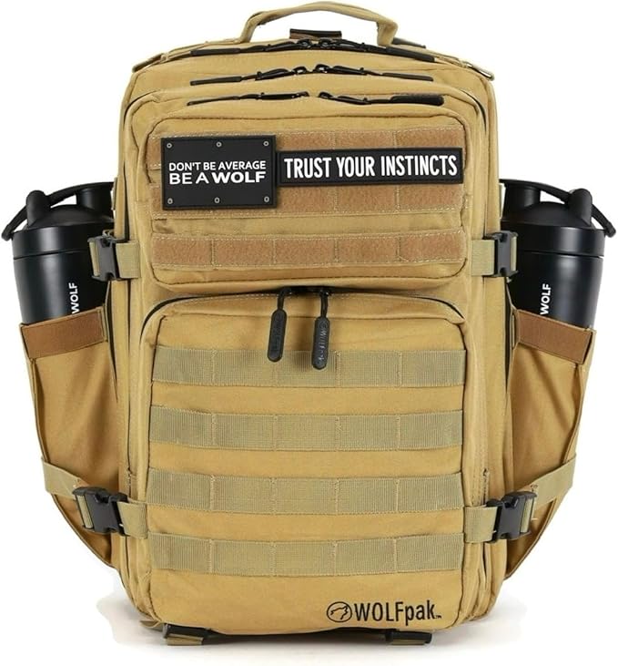 WOLFpak 35L Athletic Gym Backpack - Durable 1000D Waterproof Oxford Material with MOLLE Webbing, Laptop Pocket & Dual Cup Holders, Durable Fitness/Travel/Military Daypack (Khaki)
