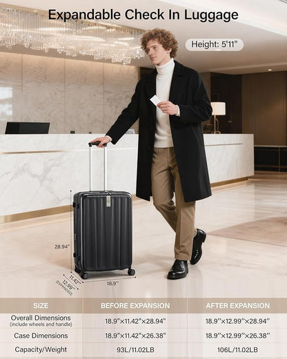 Hanke 26 Inch Expandable Luggage Top Opening Checked Bag Luggage Hard Shell Suitcases with Wheels Lightweight Travel Luggage Heavy Duty Luggage Suitcase with Lock for Woman Men-Jet Black