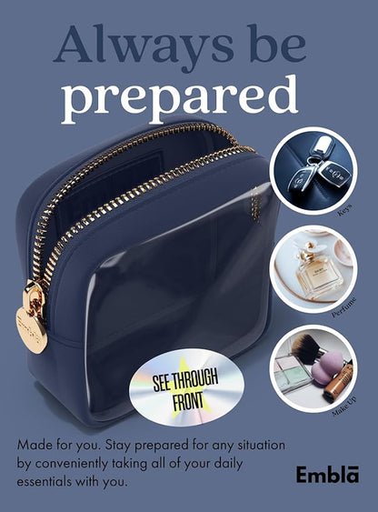 Embla London Makeup Bag Cosmetic Case, Clear Zipper Make Up Pouch and Toiletry Travel Tote, Cute Skincare Pouches for Women Girls, Preppy Purse Cosmetic Organizer, Mini Makeup Bags, Sapphire