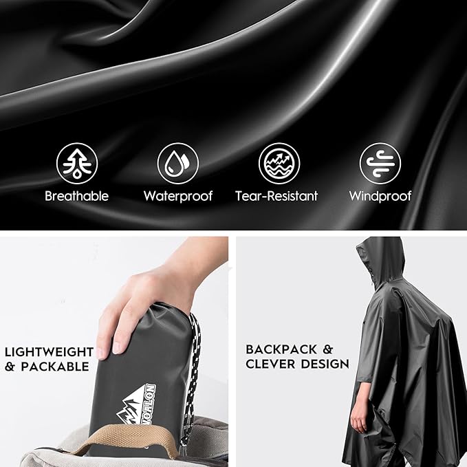 Bruvoalon 3-in-1 Rain Poncho with 1/4 Zip & Chest Pocket, Waterproof, Sunshade, Ground Mat for Adults & Youth Emergency