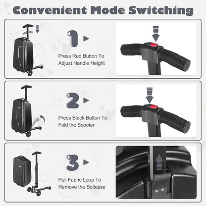 iubest Scooter Luggage Carry On Scooter Suitcase for Kids Age 4-15, Detachable & Foldable 4 in 1 Kids Suitcase, Multifunctional Ride On Travel Trolley Scooter Combo-Black