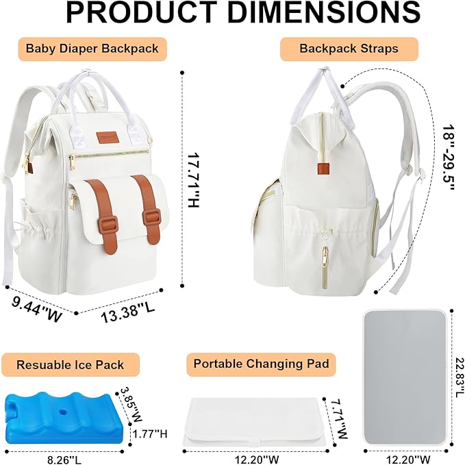 PIIOSER Diaper Bag Backpack with Ice Pack, Large Capacity & Waterproof Baby Travel Backpack Bag for Moms Dads, Insulated Baby Cooler Bag with Changing Pad, Stroller Straps & Pacifier Case, Cream