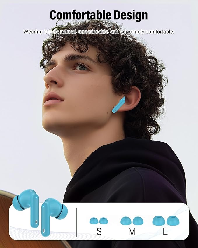 Btootos Wireless Earbuds, Bluetooth 5.4 Headphones Bass Stereo, Ear Buds with Noise Cancelling Bluetooth Earbuds 36H Classic Ice Blue