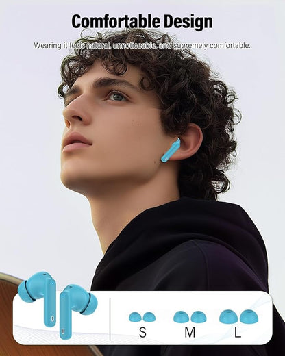 Btootos Wireless Earbuds, Bluetooth 5.4 Headphones Bass Stereo, Ear Buds with Noise Cancelling Bluetooth Earbuds 36H Classic Ice Blue