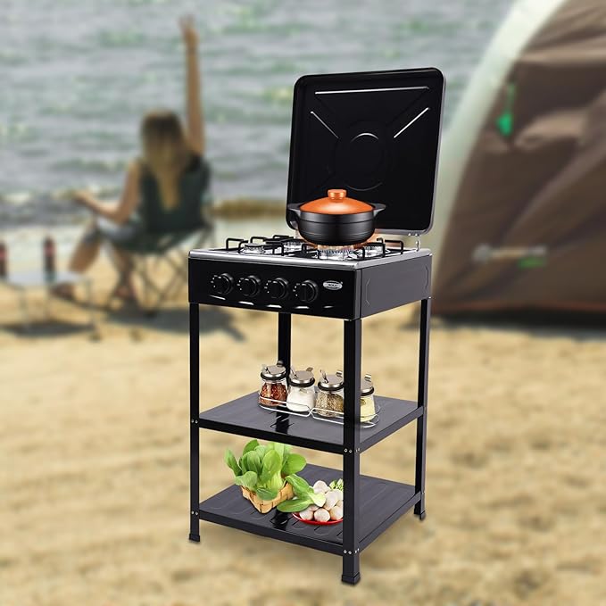 Propane Gas Stove, 4 Burner Propane Burner, Auto Ignition Portable Gas Stove with Support Leg Stand and Wind Blocking Cover Adapter for Rv Apartment Outdoor Cooking (Black)