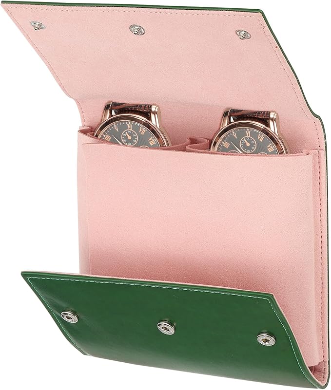 HARFINGTON Watch Roll Travel Case, 2 Slots Portable Leather Watch Cases for Men and Women, Watches Storage Organizer for Traveling Display Home Storage, Green