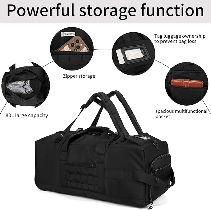 80L Waterproof Rolling Duffel Bag with Quick-Release Straps, Military Tactical Wheeled Foldable For Deployment Traveling Camping Sporting (Black)