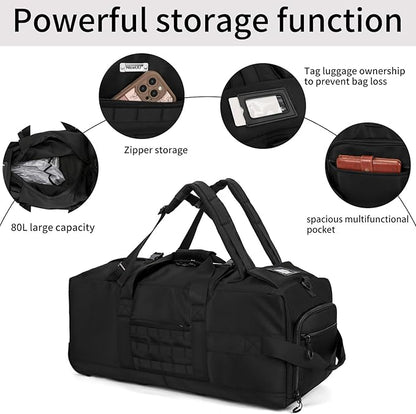 80L Waterproof Rolling Duffel Bag with Quick-Release Straps, Military Tactical Wheeled Foldable For Deployment Traveling Camping Sporting (Black)