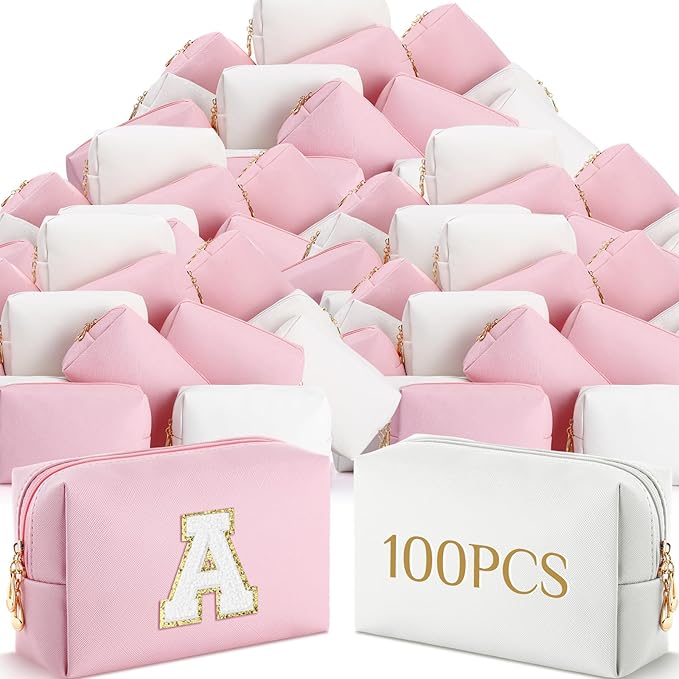 Cunno 100 Pcs Makeup Bags Bulk PU Leather Cosmetic Pouch Christmas Small Pouch Bag DIY Toiletry Bags Preppy Aesthetic Travel Storage Organizer for Women Travel Christmas Party Gift(Pink,White)