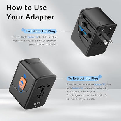 Acer Universal Travel Plug Adapter - International Power Adapter with 5 USB Ports (3 USB C) 5.8A, Worldwide Outlet Charger for USA to European UK France Germany Spain, Type C/E/F/G/I/L/A, Black