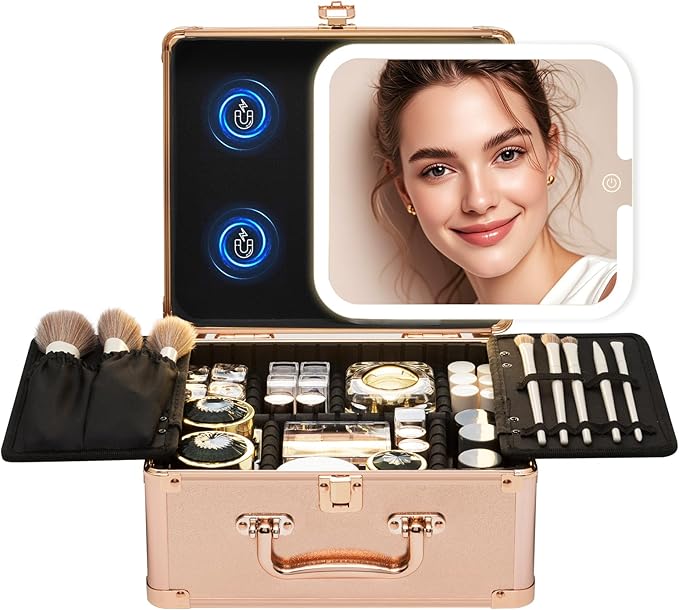 Makeup Box with Detachable Lighted Mirror–Travel Train Case, Cosmetic Storage Organizer & Makeup Suitcase with Adjustable Dividers & Magnetic LED Mirror (Rose Gold)