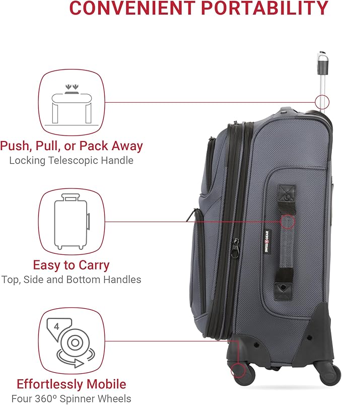 SwissGear Sion Softside Expandable Luggage – Carry-On Suitcase with 360 Degree Wheels & Retractable Handle – 21 Inch, Perfect for 1-3 Night Trips – Dark Gray