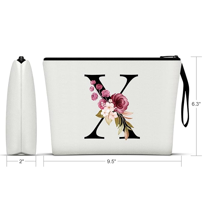 Vavabox A-Z Personalized Makeup Bag, Birthday Gifts for Women Mom, Gifts for Best Friend, Bride Bridesmaid Cosmetic bag (X, White)