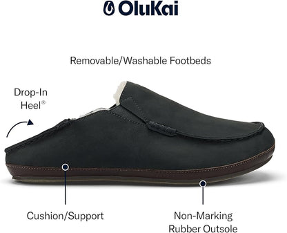 OLUKAI Moloa Slipper, Men's Premium Leather Slip-On Shoes, Soft Genuine Shearling Lining & Gel Insert, Drop-In Heel & All-Day Comfort
