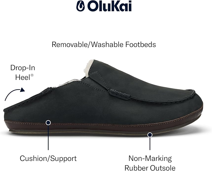 OLUKAI Moloa Slipper, Men's Premium Leather Slip-On Shoes, Soft Genuine Shearling Lining & Gel Insert, Drop-In Heel & All-Day Comfort