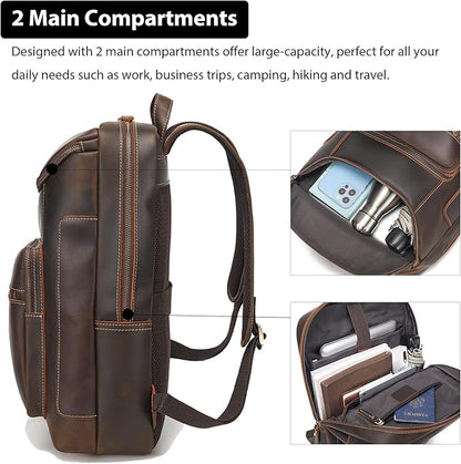 LANNSYNE Full Grain Leather Backpack For Men, 17" Laptop Backpack, Casual Outdoor Business Travel Rucksack, YKK Zippers