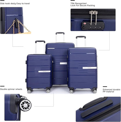 Luggage 3 Piece Sets Suitcase Set with Double Spinner Wheels, Lightweight Carry On Hardside Travel Luggage with TSA Lock, (20/24/28) (Navy)