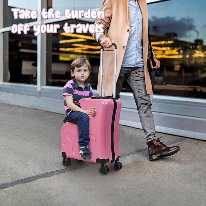 4-Wheel Carry On Luggage with Seat for Kids with Seat and Safety Belt, Large Capacity Hard Shell Suitcase Durable Rolling Luggage 4 Spinner Wheels, Waterproof Pocket, Adjustable Handle Pink