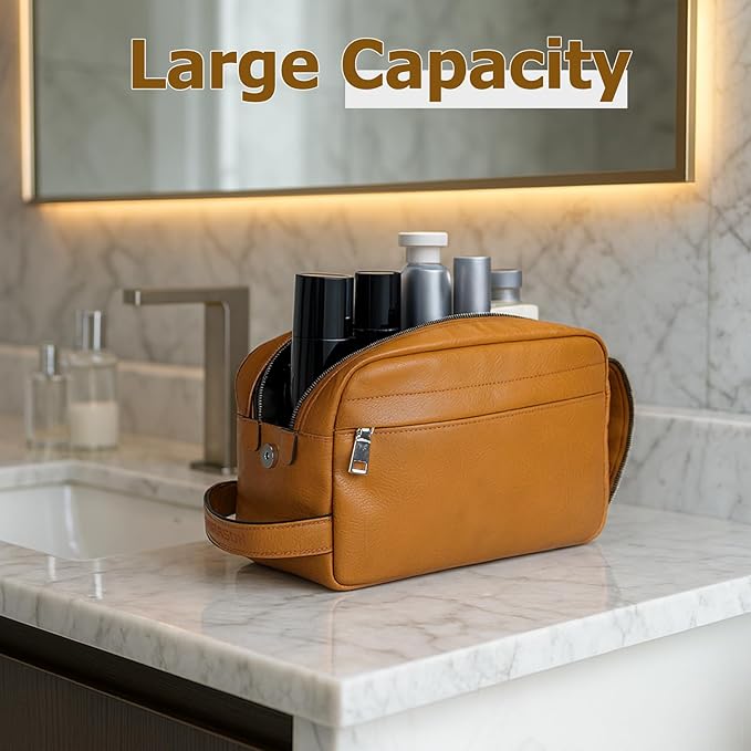 MIRASON Travel Toiletry Bag for Men Leather Travel Bag for Toiletries, Dopp Kit Water-resistant Shower Bag for Shaving Bathroom Organizer Gifts for Men, Brown