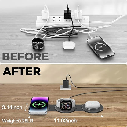 HICOBER 3 in 1 Charging Station for Multiple Apple Devices, Compatible with iPhone 17/16/15/14/13, Apple Watch & AirPods, Foldable Fast Wireless Charger & Travel Charger for Home/Office/Trips