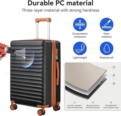 Travel Suitcase Sets 3 Piece, Expandable Hardshell Luggage Sets 3pcs with TSA Lock Spinner Wheels, Black-Brown (20''/24''/28")