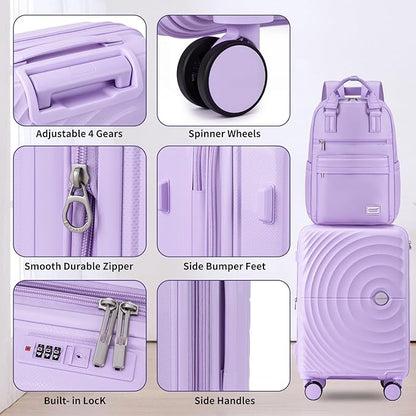 Carry On Luggage Set 22x14x9 Airline Approved, Expandable 20 Inch Carry-On Suitcases With Wheels, Lightweight Luggage Sets 3 Pieces With Backpack, Lavender
