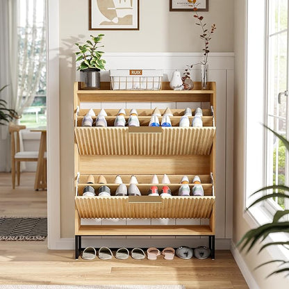 VINGLI Fluted Shoe Cabinet Storage for Entryway,Hidden Shoes Storage Cabinet with 2 Flip Drawers, Mid Century Modern Shoe Rack Organizer,Free Standing Shoes Organizer for Hallway(Natural Oak)