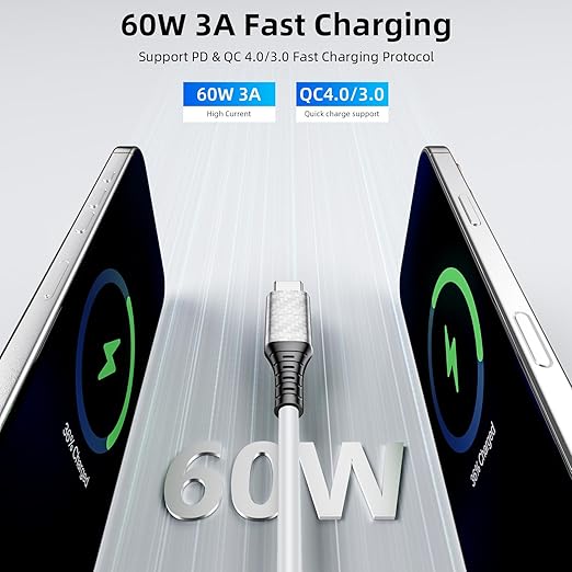 60W Charging Cable USB C to USB C Cord 20ft, PD Fast Charge Cable for iPhone 17 16 15/Samsung S25 S24 S23/Pixel 10 9,Data Transfer Wire/Type-C Power Cable for MacBook/iPad/Laptop/Security Camera,White