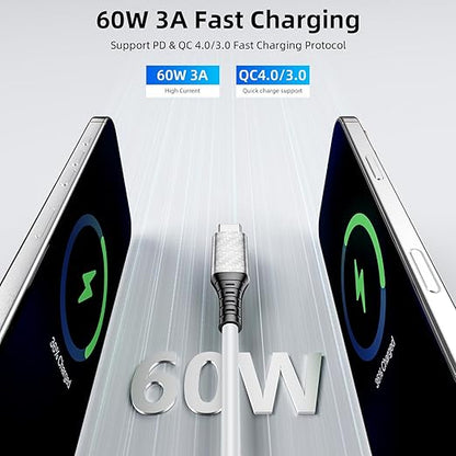 60W Charging Cable USB C to USB C Cord 20ft, PD Fast Charge Cable for iPhone 17 16 15/Samsung S25 S24 S23/Pixel 10 9,Data Transfer Wire/Type-C Power Cable for MacBook/iPad/Laptop/Security Camera,White